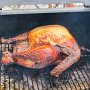 Turkey shown after about 6 hours. Final inside temp of turkey should be 165-180 degs. Total smoke/cook time is about 8 hours.